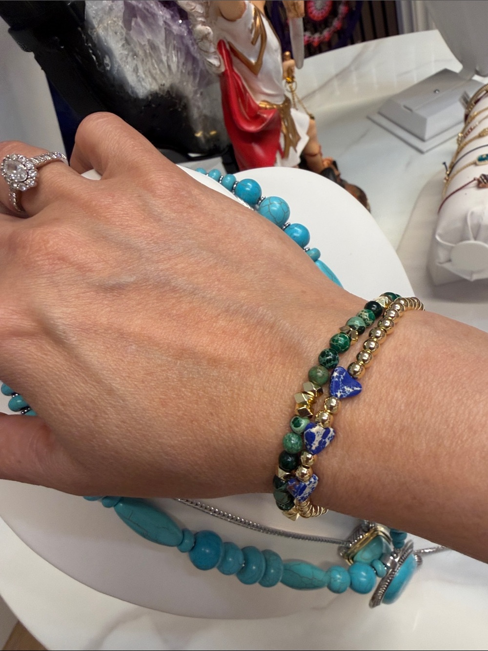 Gold Beaded Bracelet with Green and Blue Gem Accents for good luck 🍀🪬🧿